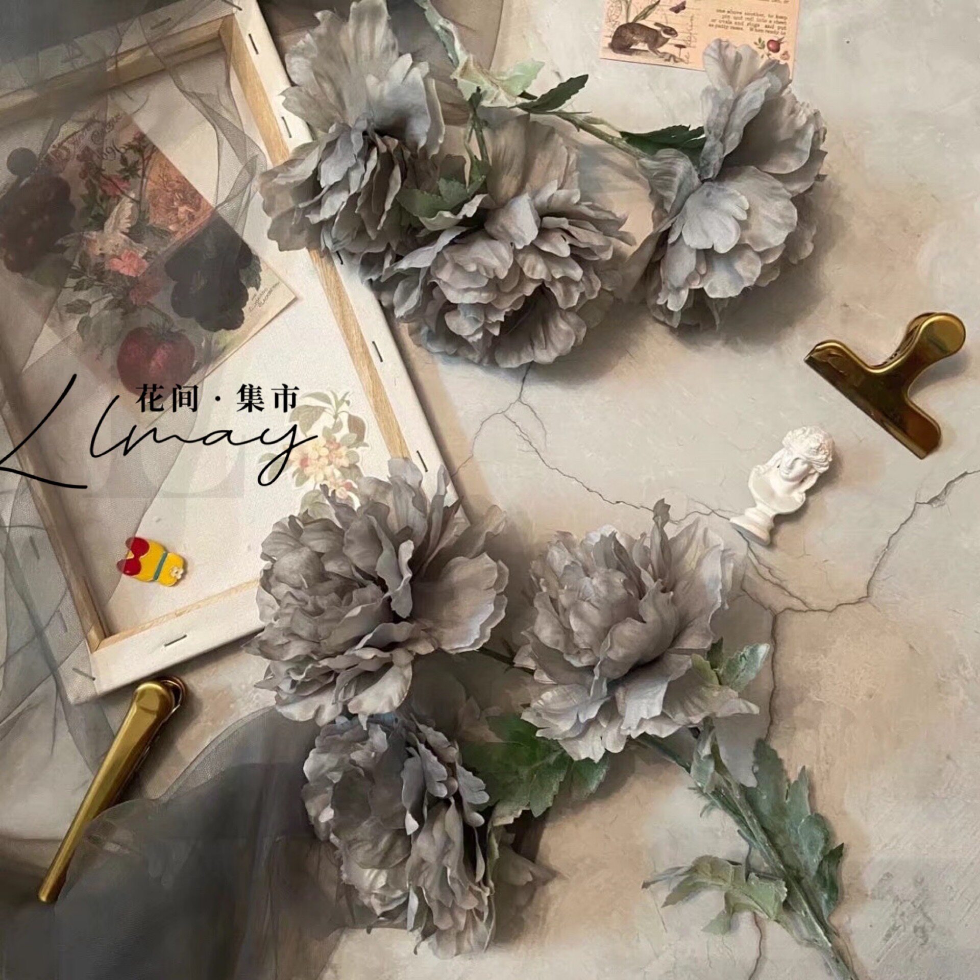 Eurostyle Retro Emulation Flower Peony Flowers Fake Flower Oil Painting Peony Table Flower-flower-like room Decorative Home