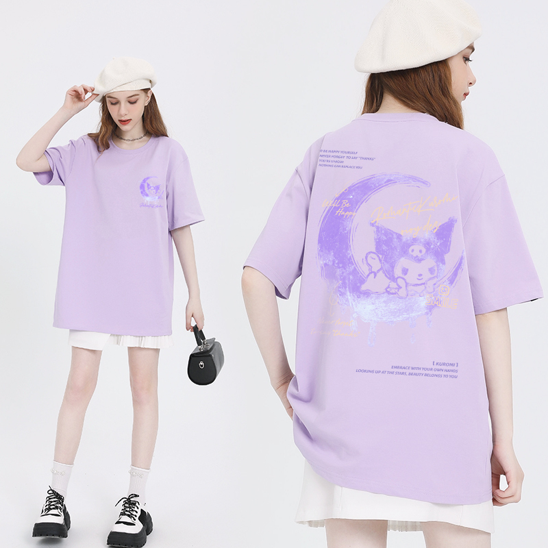 Moon T-Shirt for Women, Short-Sleeved, Milk Purple Top, 2026 Summer New Style, Pure Cotton, Loose Half-Sleeve, Cotton T-Shirt for Middle School Students