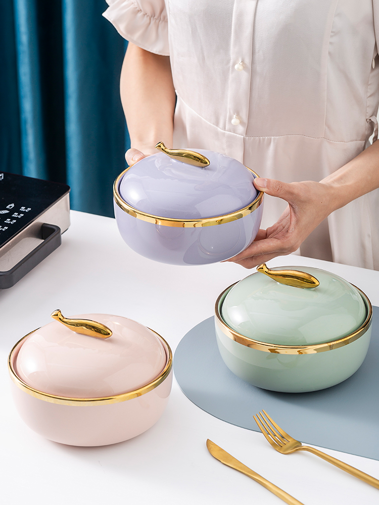 Ceramic instant noodle bowl with lid home creative soup bowl noodle bowl eating noodle bowl ins breakfast bowl salad bowl Nordic style