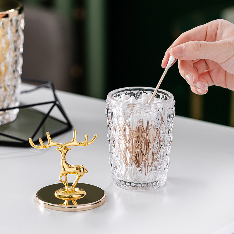 Light Extravagant Glass Toothpick Cylinder Creative Personality High-end Toothpick Box Mesh Red Cotton Stick Cylinder Home Containing Box Swing Piece Nordic