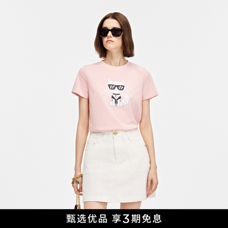 Karl Lagerfeld Women's Lafayette 26 Summer New Arrival Cat Print Pink Round Neck Short-Sleeved T-Shirt