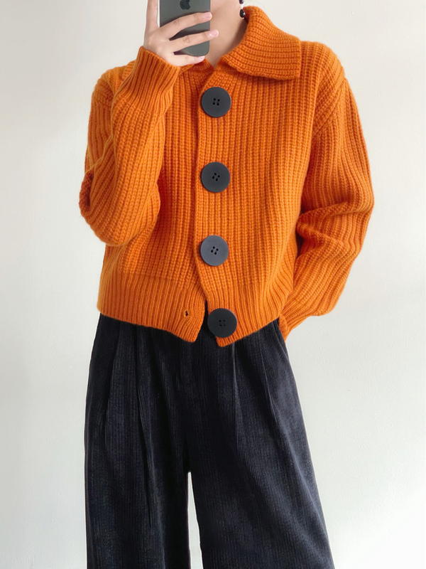 Retro Orange Sweater Cardigan for Women in Autumn and Winter, Loose and Lazy Style Jacket, High-End French Knitted Jacket, Thick Top