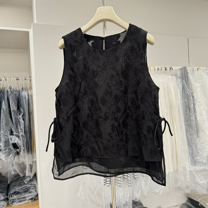Korean-Style Black Jacquard Design Sleeveless Shirt for Women, New Summer Product, Round Neck, Side Tie, Loose Vest Top