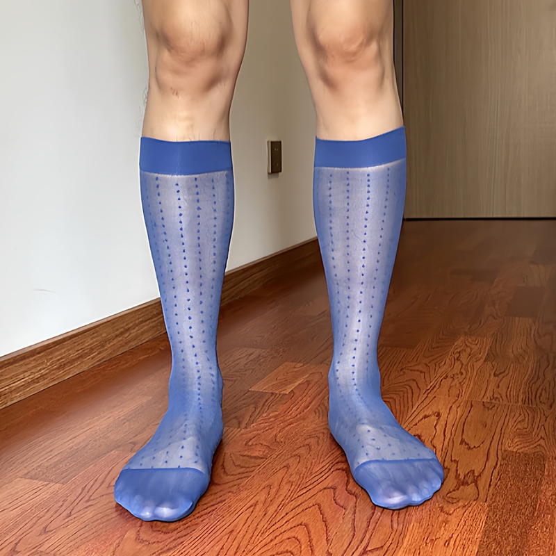 3 Pairs of Men's Formal Stockings, Polka Dot, Royal Blue, Ultra-Thin, Sexy, Transparent, Business Suit, Long Nylon Leather Shoe Socks