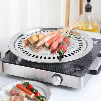 Korean-Style Electric Ceramic Stove Grill Pan with Non-Stick Stainless Steel Round Barbecue Grill Pan for Special Light Wave Oven