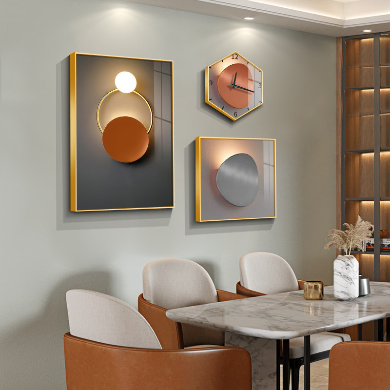 Light luxury restaurant decoration painting dining room wall decoration hanging painting modern simple geometric light and shadow creative clock mural