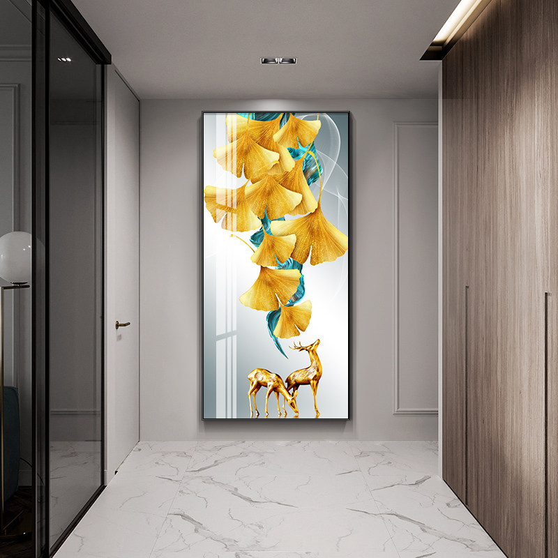 Entrance to the family Xuanguan Decorative Painting Corridor Aisle Wall Mural Modern Brief About Entrance Door Vertical Version Light Lavish Gingko Deer Crystal Porcelain Hanging Painting