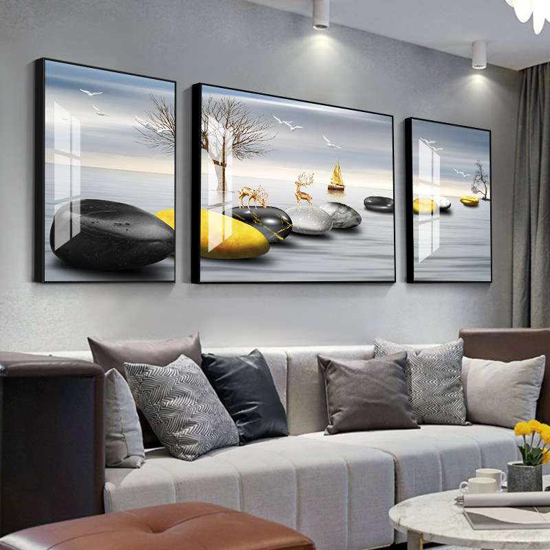 Living room decoration painting sofa background wall fortune hanging painting stone to run modern simple atmosphere triple Crystal porcelain mural