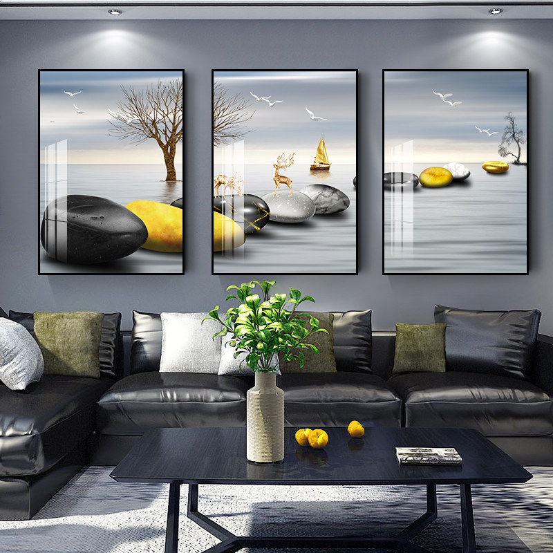 Living room decoration painting stone to run sofa Background wall painting Living room Modern minimalist Triple painting black and white scenery hanging painting-Taobao