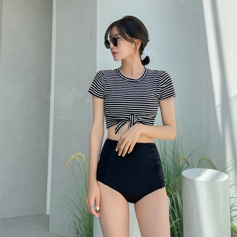 Short Sleeves Striped High Waist Two-piece Swimsuit Women's Bubble Hot Springs South Korea Ins Nets Red Cover Slim Conservative Student Movement