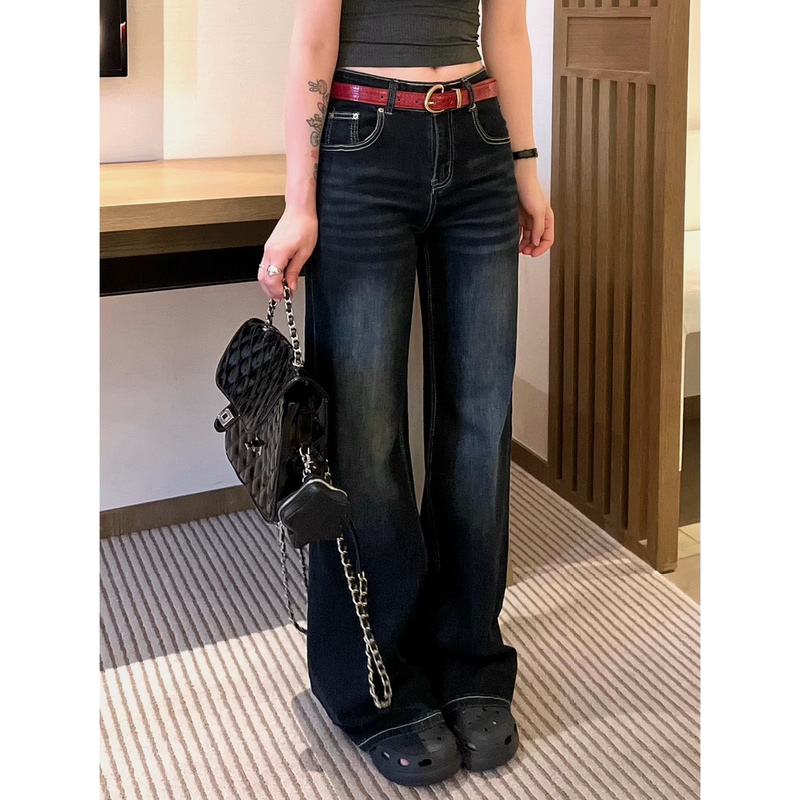 Simaotuo Korean Style Mid-Low Waist Cat Print Washed Vintage Exposed Seam Slim Fit Flared Thin Denim Pants for Women Summer Simaotuo Korean Style Mid-Low Waist Cat Print Washed Vintage Exposed Seam Slim Fit Flared Thin Denim Pants for Women Summer