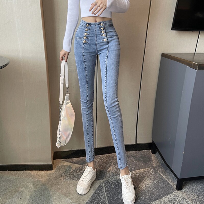 Dittudun Metal Platoon Button Jeans Women's Dress New Korean Version High Waist Sashimi 100 Hitch Smoke Pipe Pants