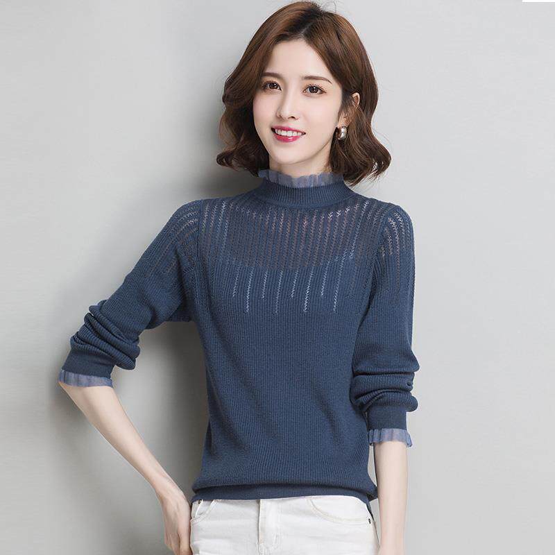 Dittutown semi-high collar wool sweater 2021 Tyuded new lace hollowed-out blouse lady sweater-knitted sweatshirt