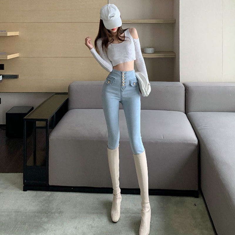 Dituton's new high-waisted breasted personalized pockets washed jeans stretch tights narrow tube pants slim pencil pants