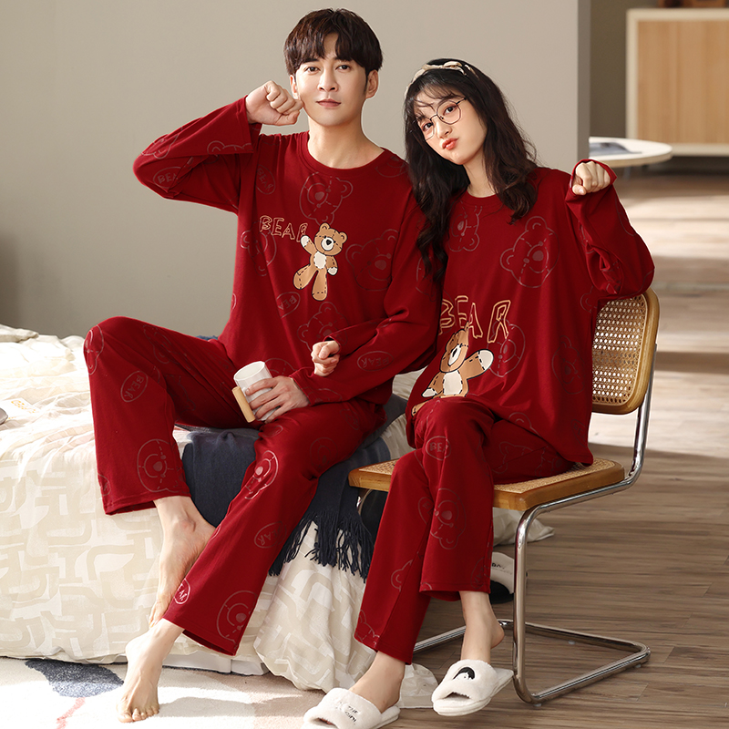 Lovers Pure Cotton Pyjamas 2021 Spring Autumn New Cute Cartoon Big Red Wedding Thin ROUND COLLAR LOOSE SUIT WOMAN