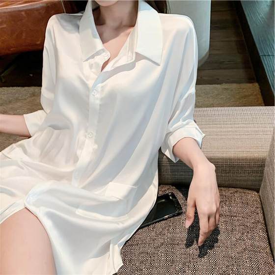 Long ice silk pajamas for women summer 2023 new sexy long-sleeved shirt nightgown loose chiffon white shirt spring and autumn