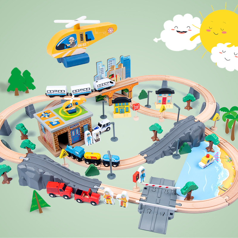 High-speed railway wooden railcar electric train track wooden small fire car solid wood toy package track can be matched with pieces
