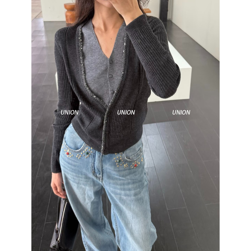 Union Officially Authorized Xuzhi 25 Autumn and Winter Double-Layered Patchwork Knitted Cardigan with Mixed Sequin Yarn Trim