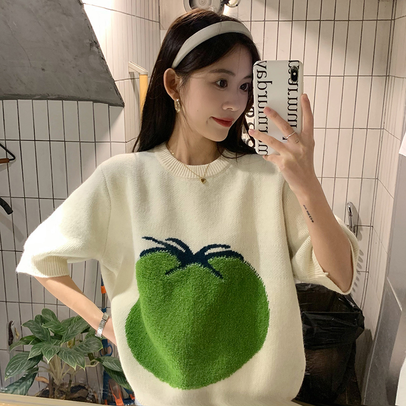 Tomato Fruit Jacquard Round Collar Short Sleeve Sweater Woman Design Sensation Small Crowdsourcing Sloth Wind-Knit Cardigan T-shirt Blouse
