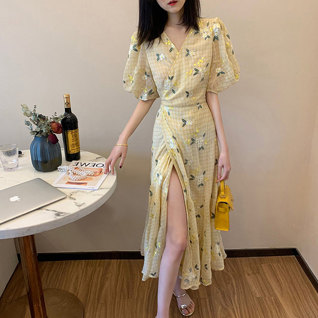 French retro puff sleeve heavy industry embroidery floral dress female celebrity temperament high-end chic design skirt