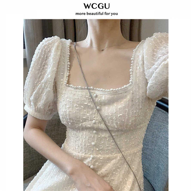 Sweet date small fragrant wind square collar lady dress short style small man French retro bubble sleeve skirt women