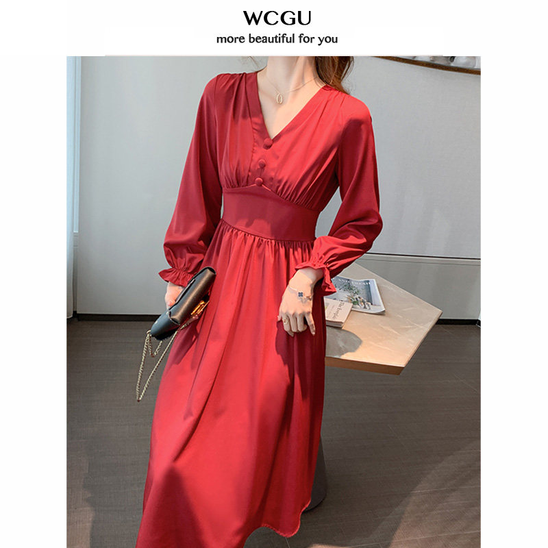 wcgu French waist thin temperament long version dress red long sleeve V neck retro Hepburn style long skirt autumn