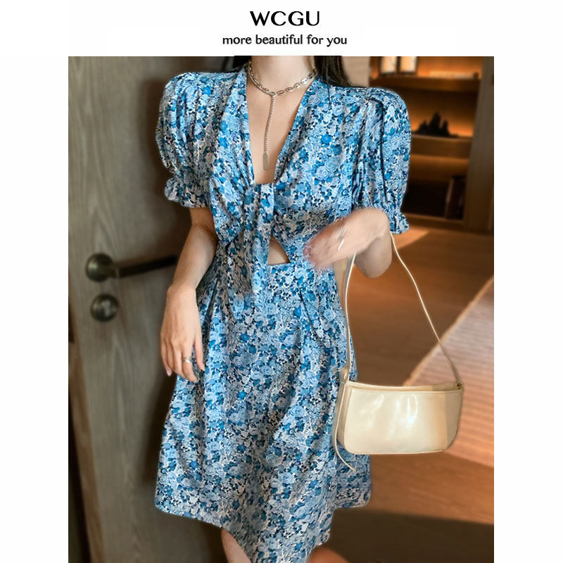Floral Chiffon bubble sleeves careful machine dress waist thin temperament French design sense niche short skirt women's summer
