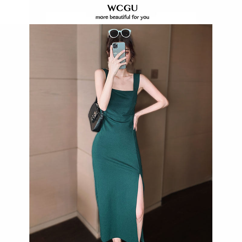 French niche square collar dress women waist thin high temperament light luxury celebrity acetic acid suspender long skirt summer