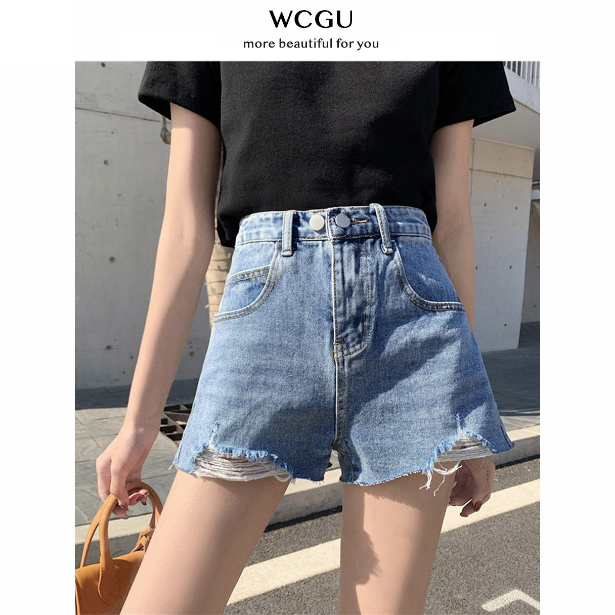 High waisted thin denim shorts women's 2021 new summer loose wide leg pants short a-character wear hole hot pants
