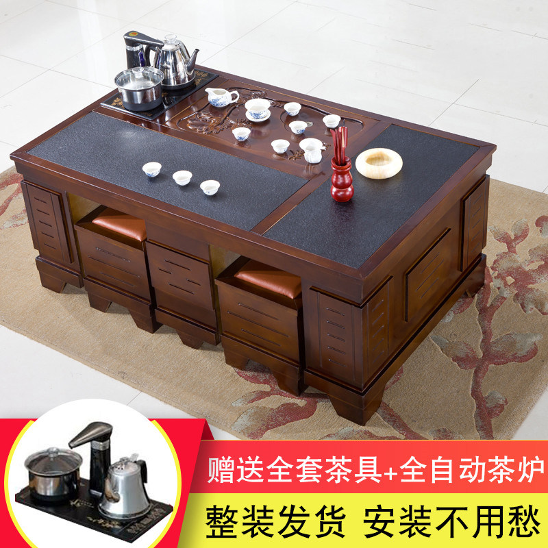 Fire burning stone tea table Chinese modern living room solid wood tea table and chairs combined marble minimalist office work fu tea table 