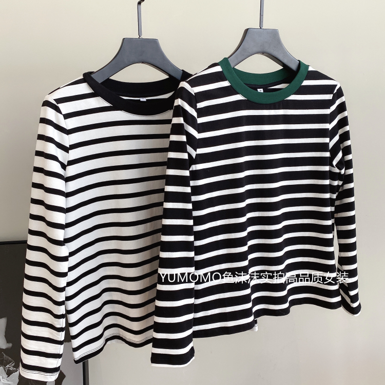 Foreign Trade Days Uni-Foreign Pie Slimmer Color Striped loose Lean Long Sleeve Full Cotton T-shirt Undershirt Women's Fall New
