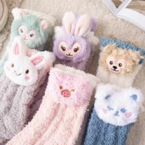 Xingdailu purple stockings coral fleece girls autumn and winter plus velvet home plush socks thickened mid-tube sleep confinement