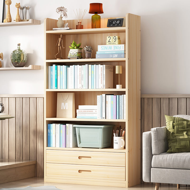 New solid wood bookshelf shelf simple dormitory Children's floor-to-ceiling desktop bookcase lattice cabinet Pull-out dustproof