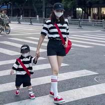 Summer new fashionable parent-child clothing short-sleeved striped POLO shirts mother-child clothing tops vacation travel T-shirts mother-daughter clothing