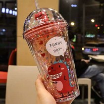 Net red ins high-value dinosaur doll with straw cup female student Korean version of anti-fall plastic creative hand Cup