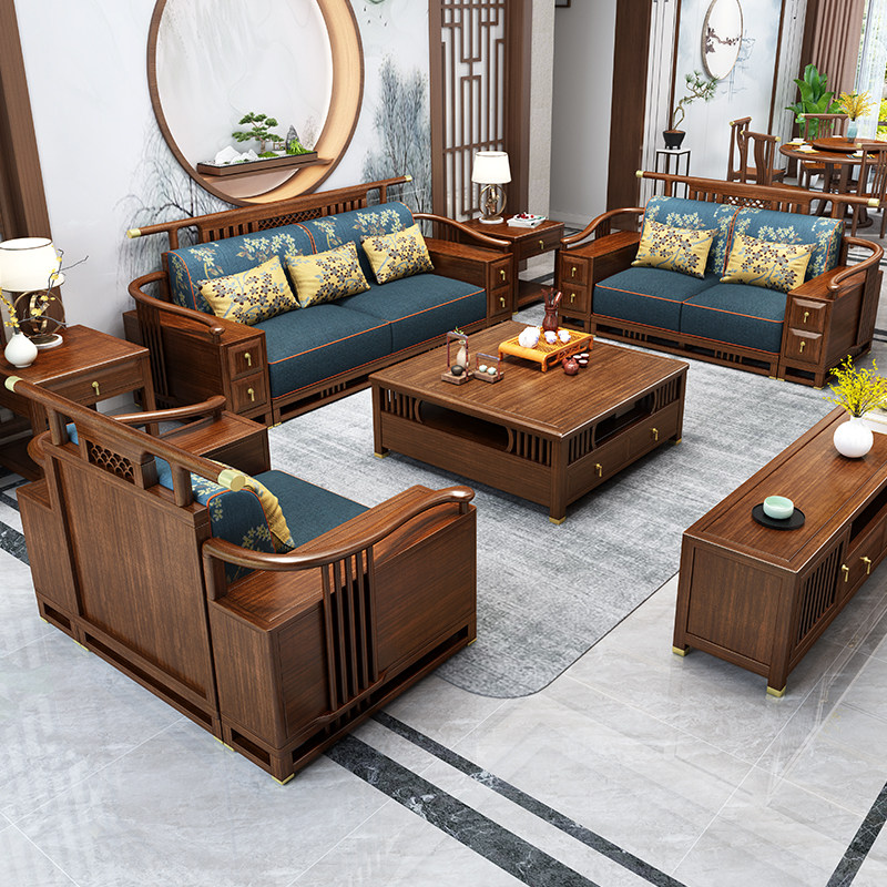 New Chinese-style living room combination furniture Chinese style gold silk sandalwood Zen villa large-sized storage solid wood sofa