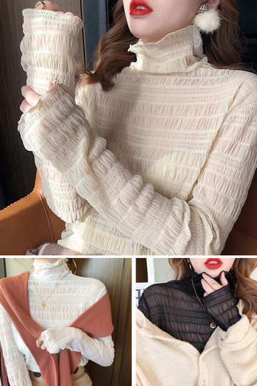 Korean Style Long-Sleeved Lace Bottoming Shirt for Women 2023 New Spring High-Neck Elegant Chiffon Shirt with Mesh Inner Layer Top