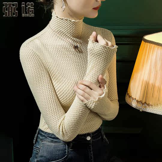 气质蕾丝内搭打底衫女新款半透视性感雪纺衫木耳边高级洋气上衣