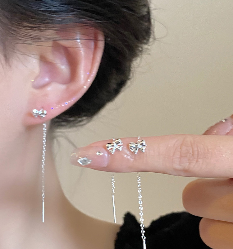 Свисающие серьги s925纯银耳针养耳洞耳饰女蝴蝶结流苏耳环轻奢高级感耳炼耳坠饰品