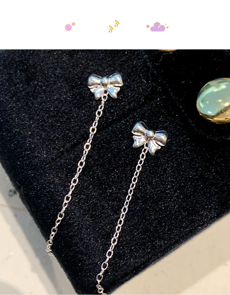 Свисающие серьги s925纯银耳针养耳洞耳饰女蝴蝶结流苏耳环轻奢高级感耳炼耳坠饰品