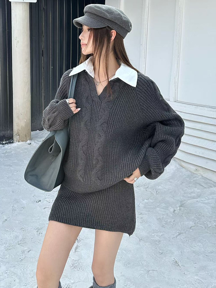 한 셔츠 칼라 스웨터 세트 여성 패치워크 색상 칼라 페이크 레이어드 맨위 하이웨이스트 미니 스커트 투피스 세트 상세 이미지 1