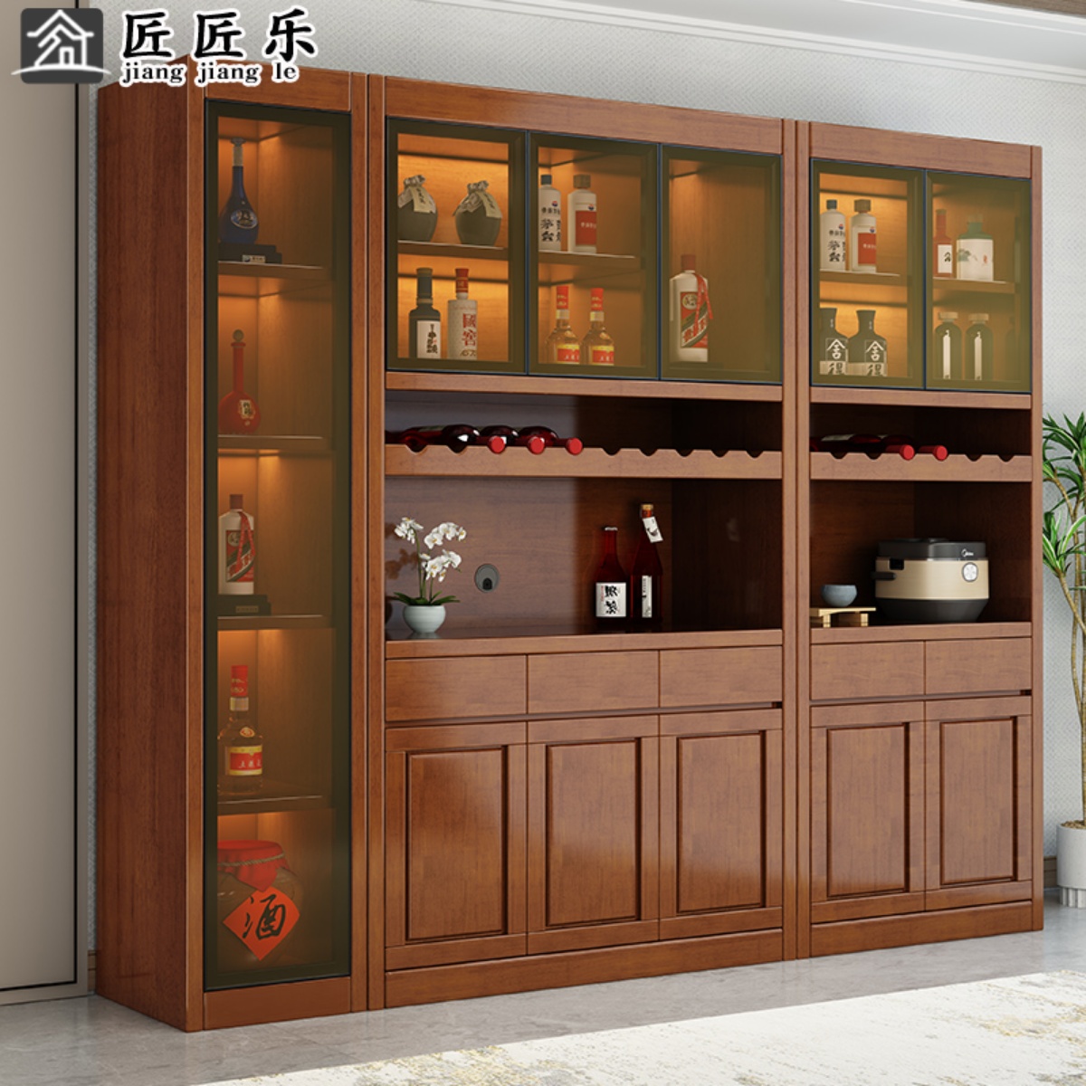 Solid wood wine cabinet dining cabinet integrated against the wall combination modern minimalist living room locker kitchen tea cupboard