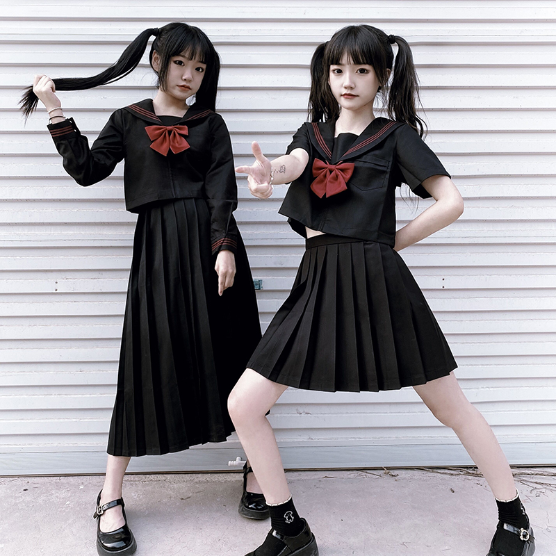 Meatball sauce JK uniform orthodox Japanese school uniform bad basic suit Black red three sailor suit short-sleeved female