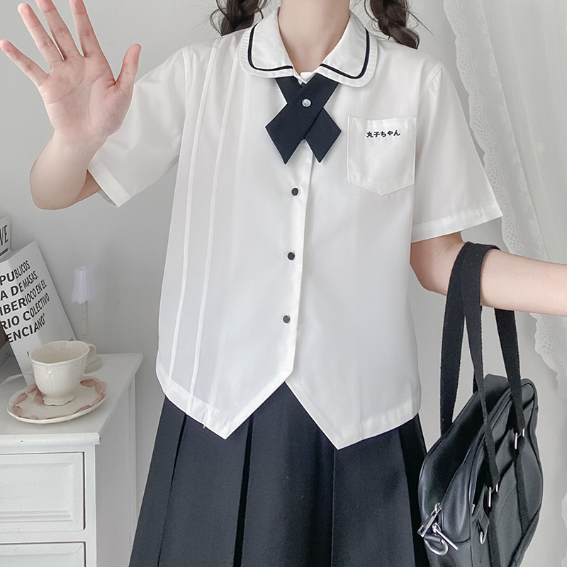 Pellet Jam Jk Uniform Original) Small Aroma) Embroidered White Base Blouse Accordion Plexu Shirt Short Sleeve Female Summer