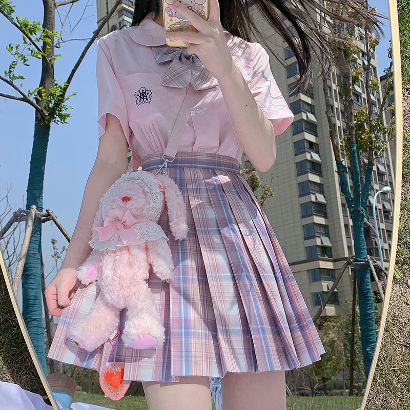 Spot Drop Pill Jam Jk Original) ten Cherry) Uniform High Waist 100 Plexigu Skirt Pink Plaid Half Body Dress Female Summer
