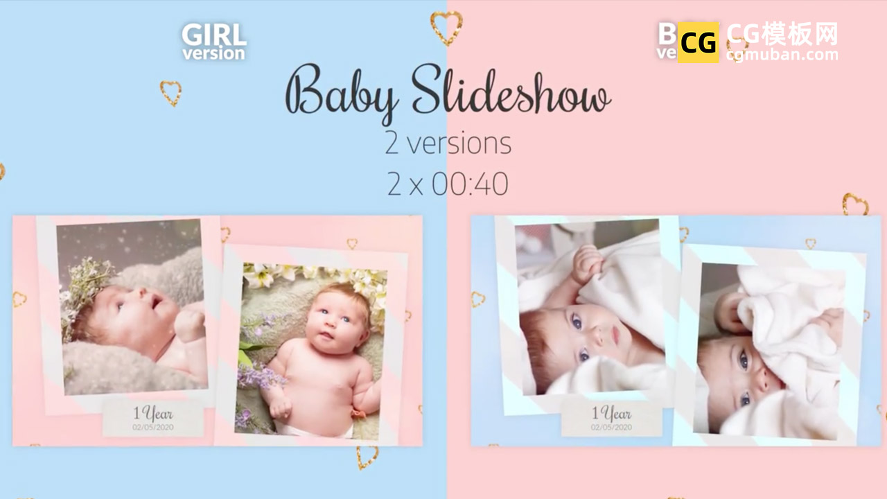 蓝粉色可爱男孩女孩相册 婴儿宝宝成长满月记录生日照片PR剪辑模板 baby slideshow 2 versions插图