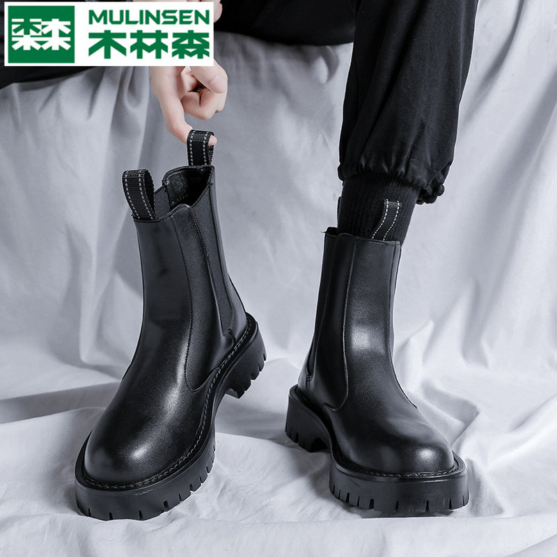 Ботинки Martin из мягкой кожи Mulinsen; мужские осенне-зимние ботинки с высоким берцем из натуральной кожи и бархата; теплая хлопчатобумажная обувь Huizhou; ботинки челси Изображение 1