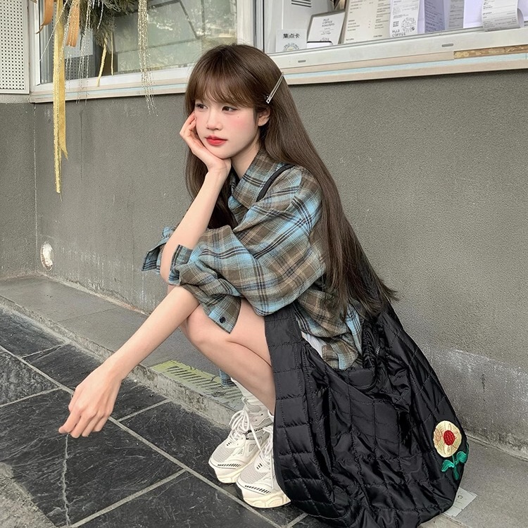 Blue Plaid Shirt Jacket for Women, Korean Style, Loose and Lazy Style, 2025 Early Autumn New Casual Versatile Long-Sleeved Shirt