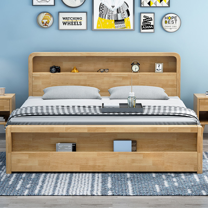 Nordic solid wood bed Japanese-style master bedroom 1 5m1 8m double bed apartment furniture modern minimalist walnut oak bed