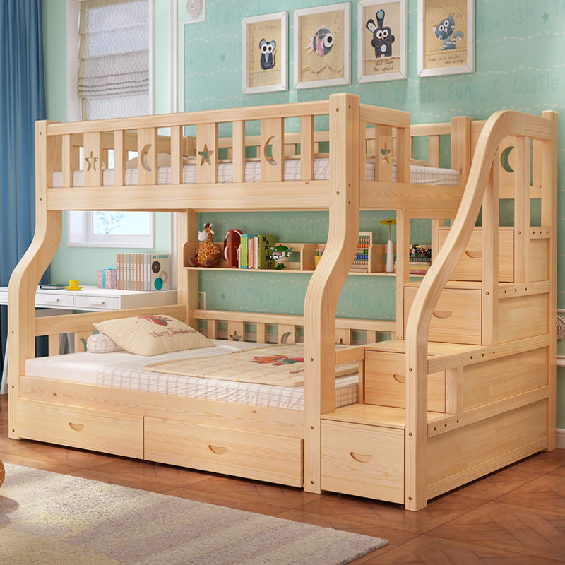 Solid wood bunk bed Bunk bed Home children's high and low bed Adult two floors up and down bunk small apartment type storage mother bed